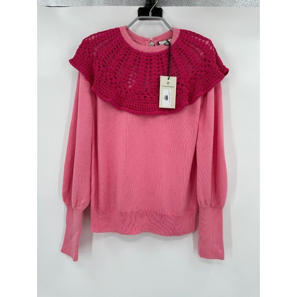 Tuckernuck Mixed Berry Pink Crochet Bettina Sweater sz M NWT Long Sleeve Collar
